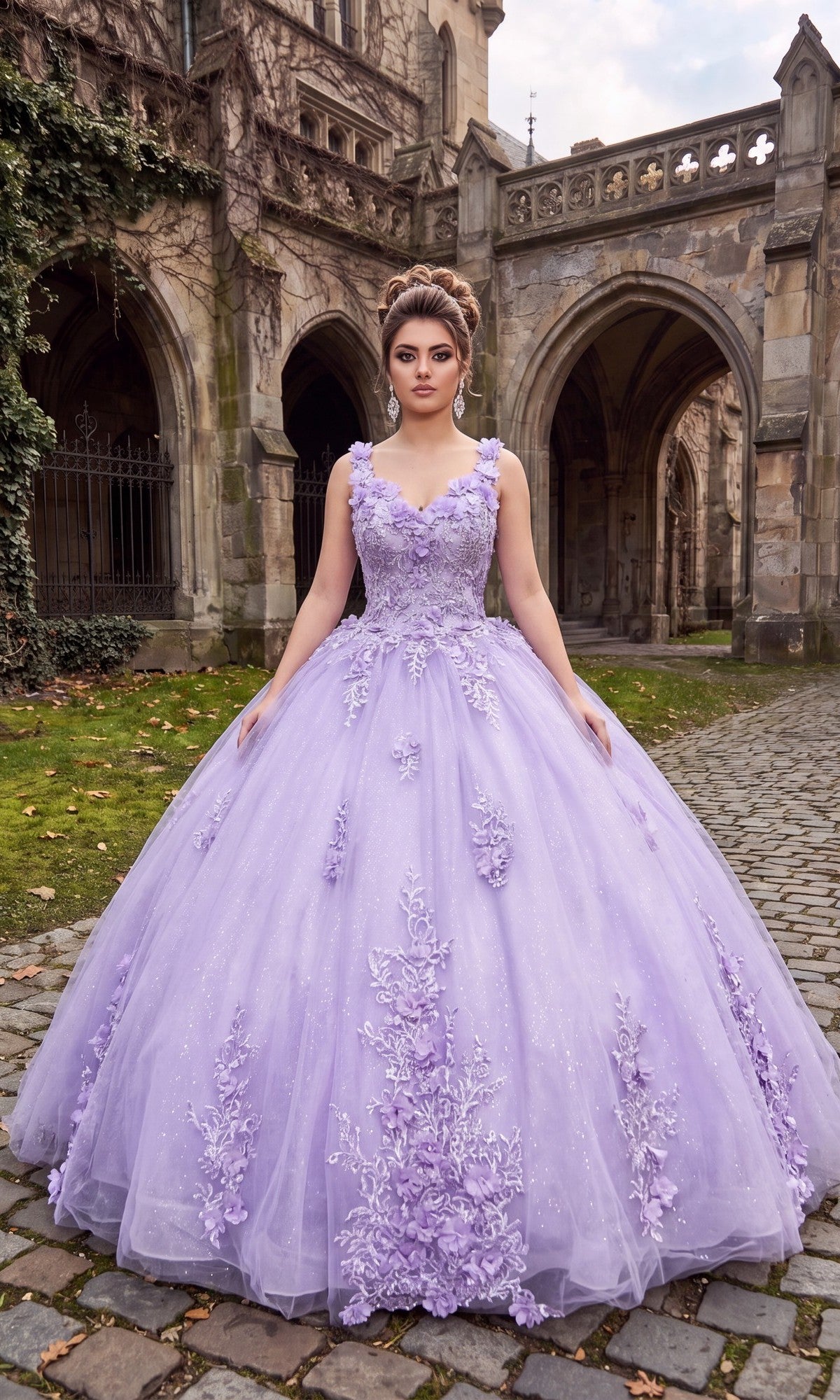 A woman wearing the Quinceanera Dress CHF3019 By Chicas in lilac, adorned with 3D floral accents, stands on a cobblestone path before a stone gothic building.